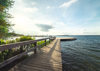 Holzsteg in den See mit Plattform, Schilfgras am Rand.