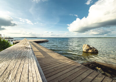 Holzsteg in den See mit Plattform, Schilfgras am Rand.