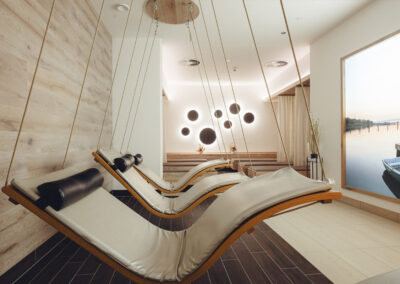 Hängeliegen aus Holz und heller Wandvertäfelung – natürliche Materialien für ein beruhigendes Raumgefühl.